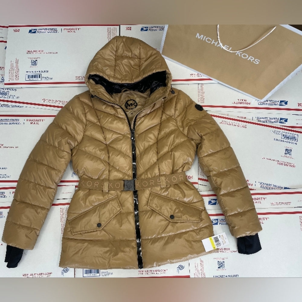 Michael Kors Dark Camel MK Puffer Jacket Belted Designer Coat S - 3X - Picture 7 of 15